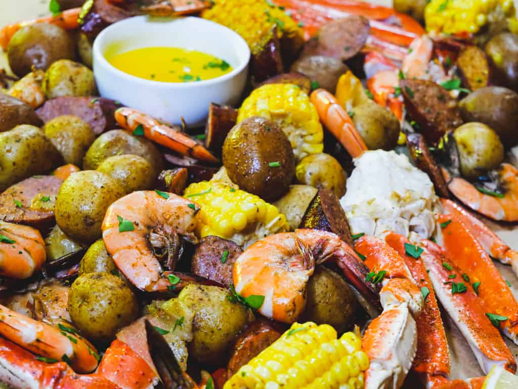 low country boil on table closeup