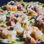 Shrimp Fettuccine Alfredo with Capers closeup