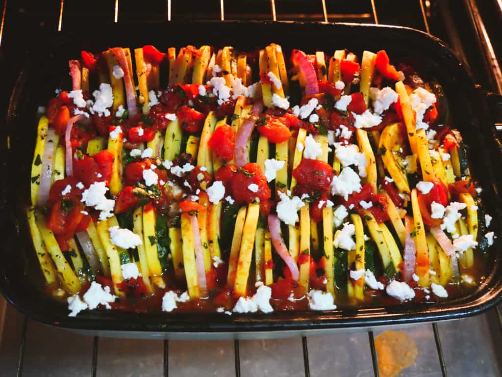 briam in oven with feta